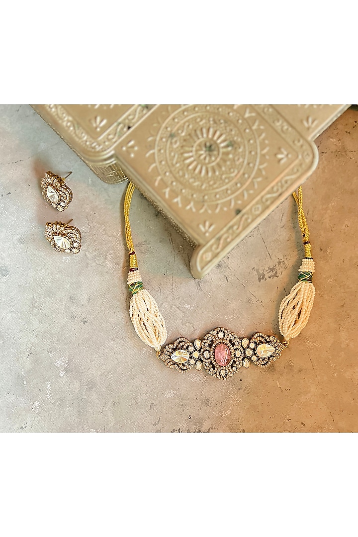 Gold Finish Kundan Polki & Blush Pink Stone Choker Necklace Set by Prestones at Pernia's Pop Up Shop