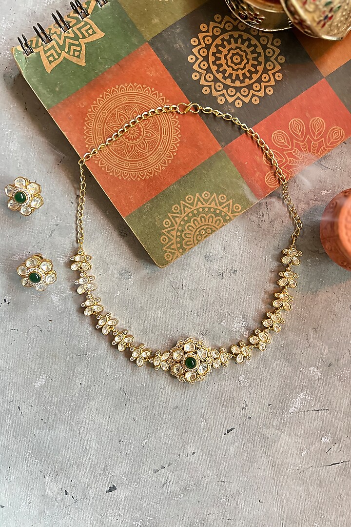Gold Finish Green Moissanite Polki Choker Necklace Set by Prestones at Pernia's Pop Up Shop