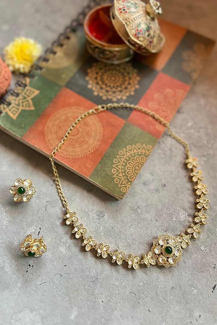 Gold Finish Green Moissanite Polki Choker Necklace Set by Prestones at Pernia's Pop Up Shop