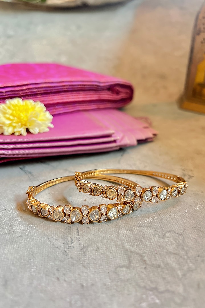 Gold Finish Moissanite Polki Openable Bangle (Set of 2) by Prestones at Pernia's Pop Up Shop