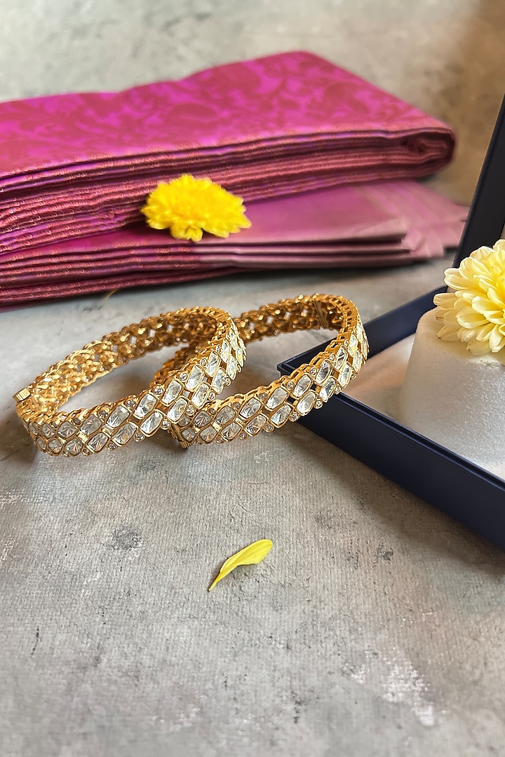 Gold Finish Moissanite Polki Openable Bangle (Set of 2) by Prestones at Pernia's Pop Up Shop