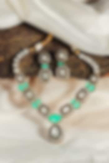 Gold Finish Mint Panna Stone & Kundan Polki Long Necklace Set by Prestones at Pernia's Pop Up Shop