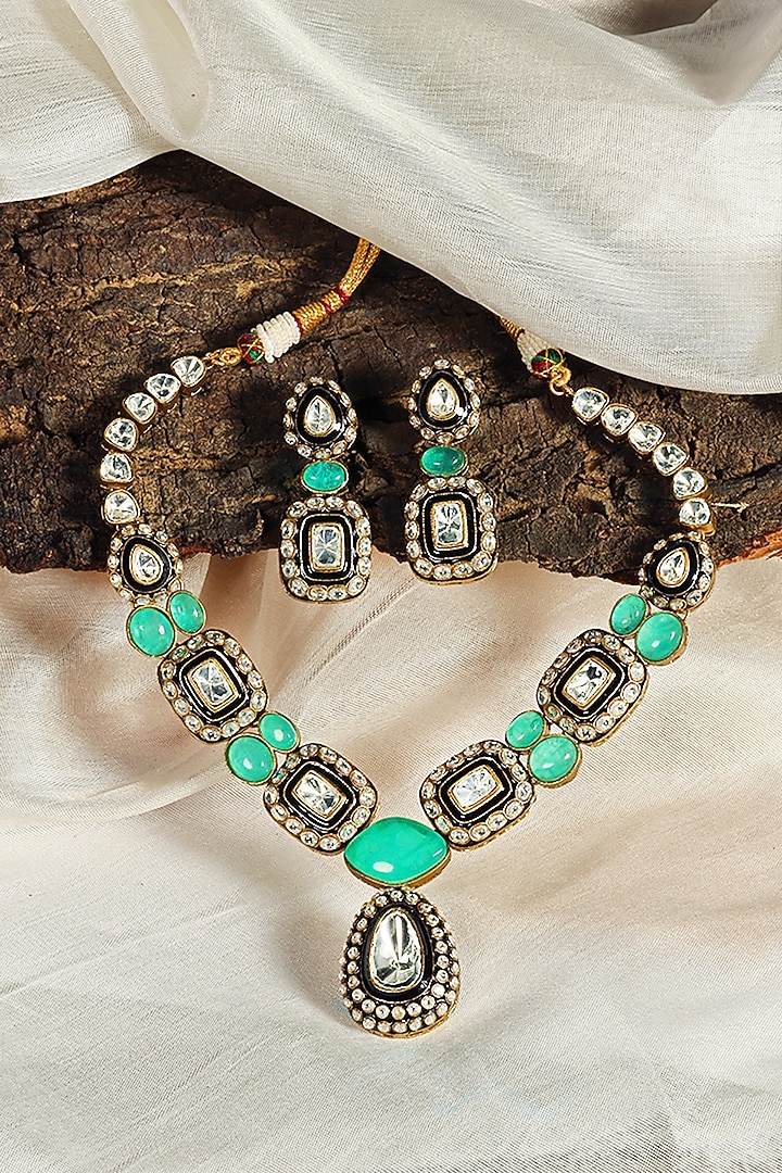 Gold Finish Mint Panna Stone & Kundan Polki Long Necklace Set by Prestones at Pernia's Pop Up Shop