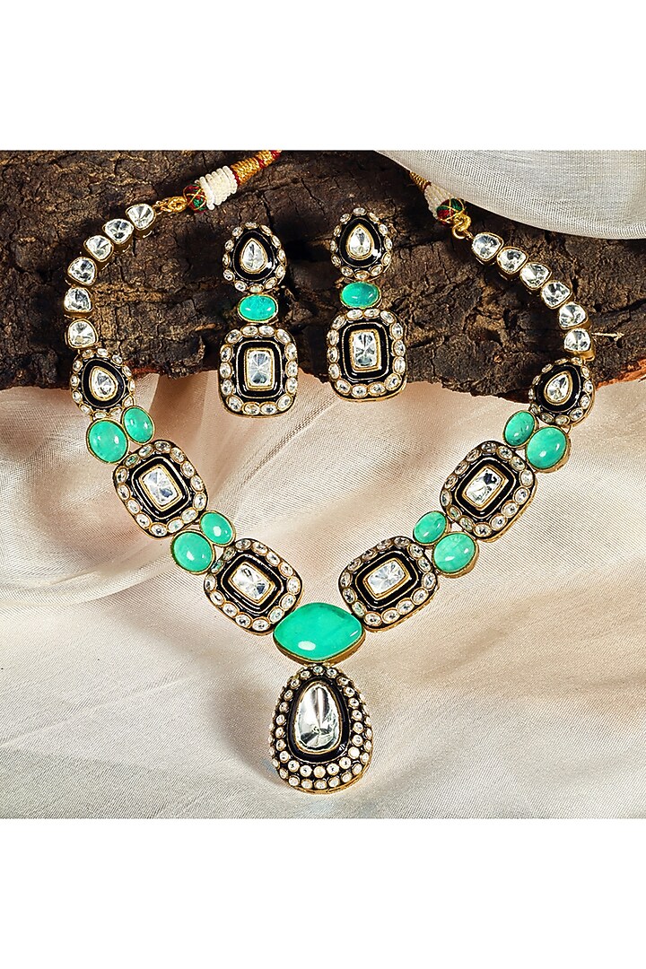 Gold Finish Mint Panna Stone & Kundan Polki Long Necklace Set by Prestones at Pernia's Pop Up Shop