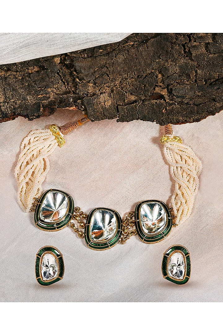 Gold Finish Pearl & Kundan Polki Meenakari Enameled Choker Necklace Set by Prestones at Pernia's Pop Up Shop