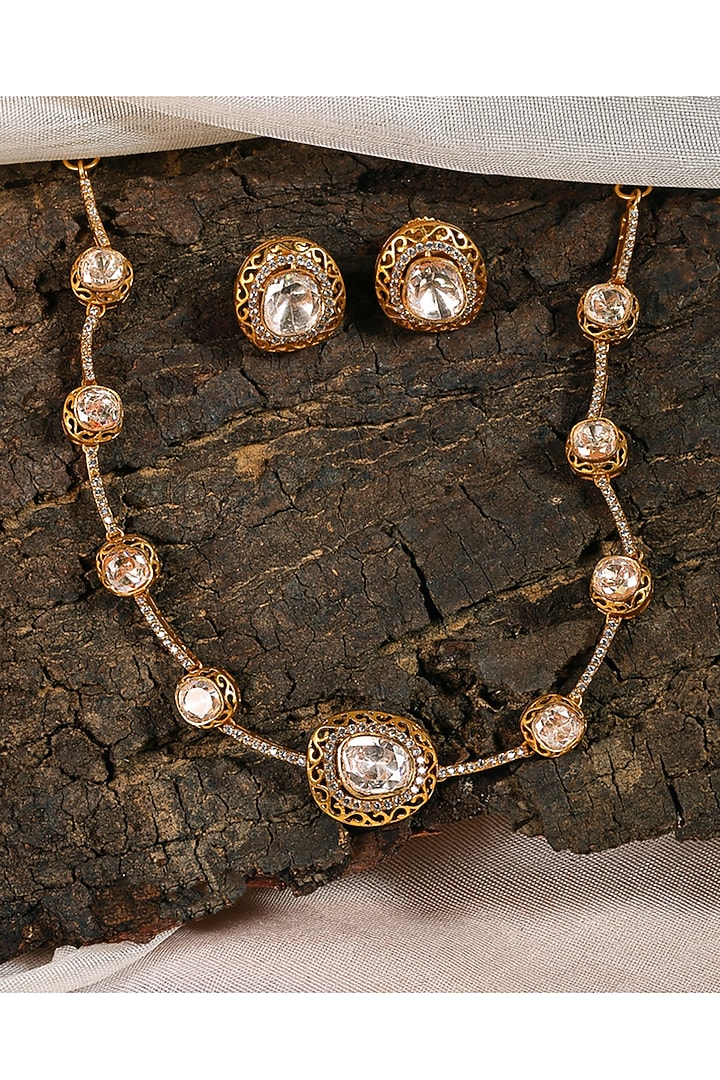 Antique Gold Finish Zircon & Champagne Kundan Polki Choker Necklace Set by Prestones at Pernia's Pop Up Shop
