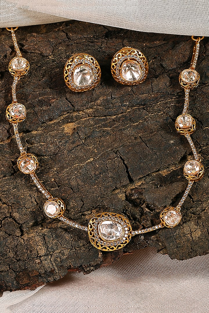 Antique Gold Finish Zircon & Champagne Kundan Polki Choker Necklace Set by Prestones at Pernia's Pop Up Shop