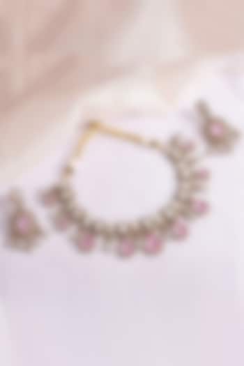Antique Gold Finish Pastel Pink Stone & Kundan Polki Choker Necklace Set by Prestones at Pernia's Pop Up Shop