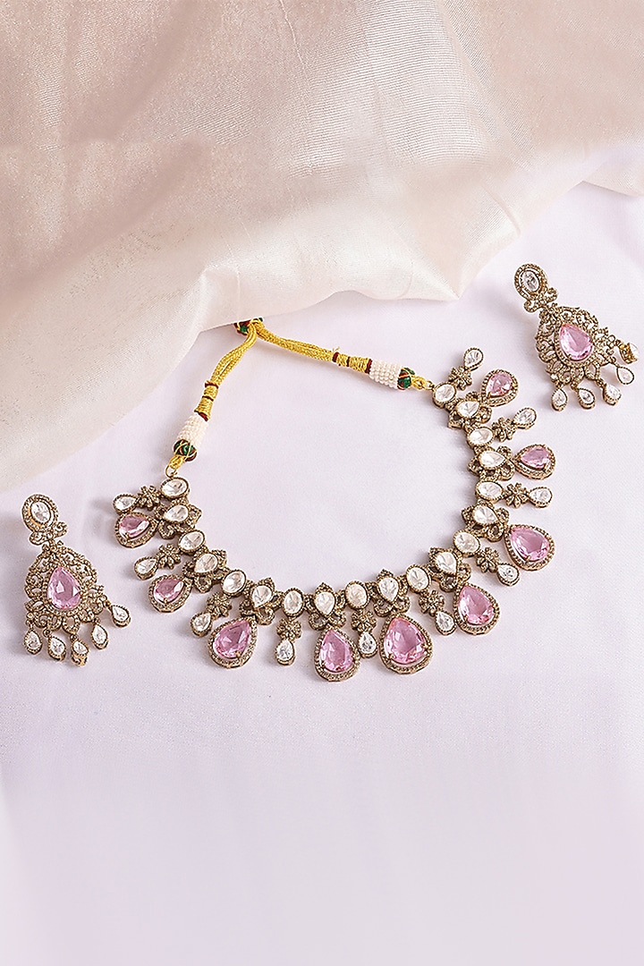 Antique Gold Finish Pastel Pink Stone & Kundan Polki Choker Necklace Set by Prestones at Pernia's Pop Up Shop
