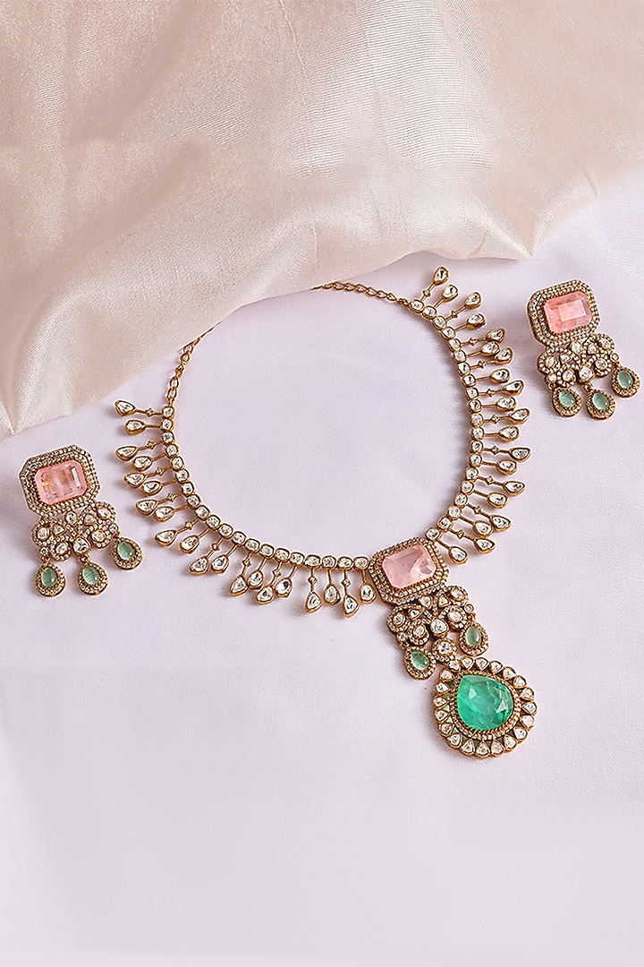 Gold Finish Kundan Polki & Pastel Pink Stone Choker Necklace Set by Prestones at Pernia's Pop Up Shop