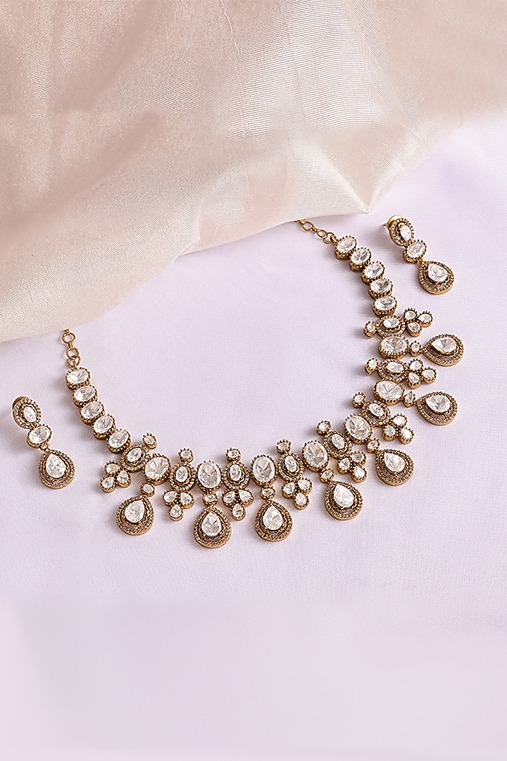 Antique Gold Finish Kundan Polki & Zircon Choker Necklace Set by Prestones at Pernia's Pop Up Shop