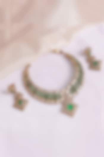 Gold Finish Kundan Polki & Green Stone Choker Necklace Set by Prestones at Pernia's Pop Up Shop