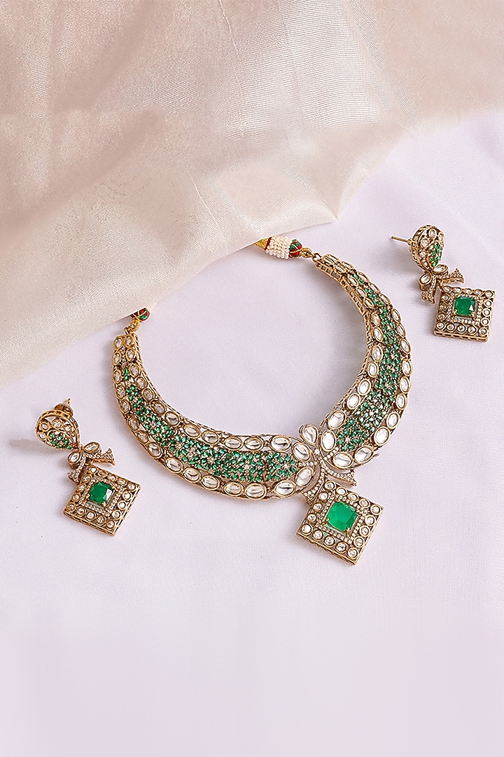 Gold Finish Kundan Polki & Green Stone Choker Necklace Set by Prestones at Pernia's Pop Up Shop