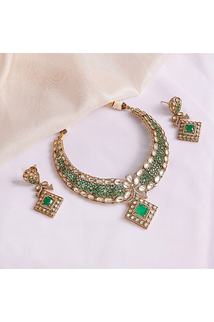 Gold Finish Kundan Polki & Green Stone Choker Necklace Set by Prestones at Pernia's Pop Up Shop