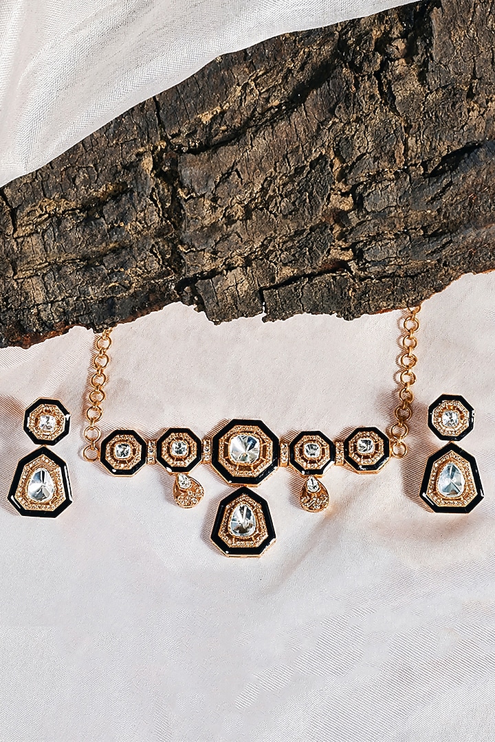 Gold Finish Kundan Polki & Zircon Meenakari Choker Necklace Set by Prestones at Pernia's Pop Up Shop