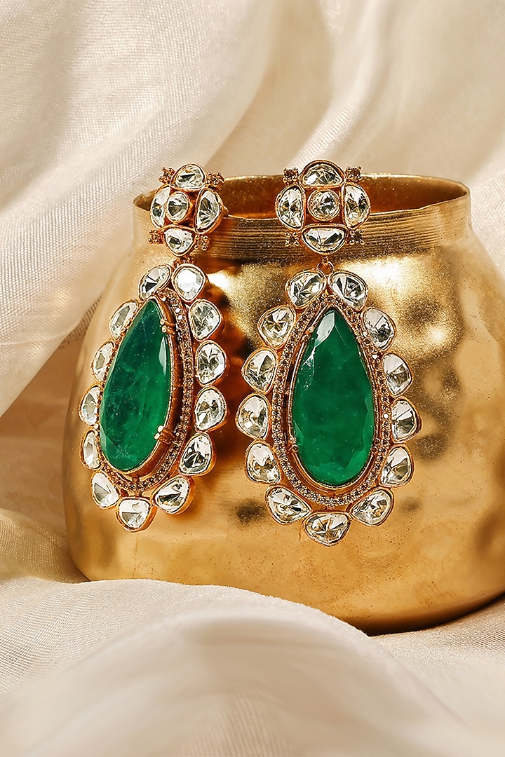 Gold Finish Kundan Polki & Green Panna Stone Dangler Earrings by Prestones at Pernia's Pop Up Shop