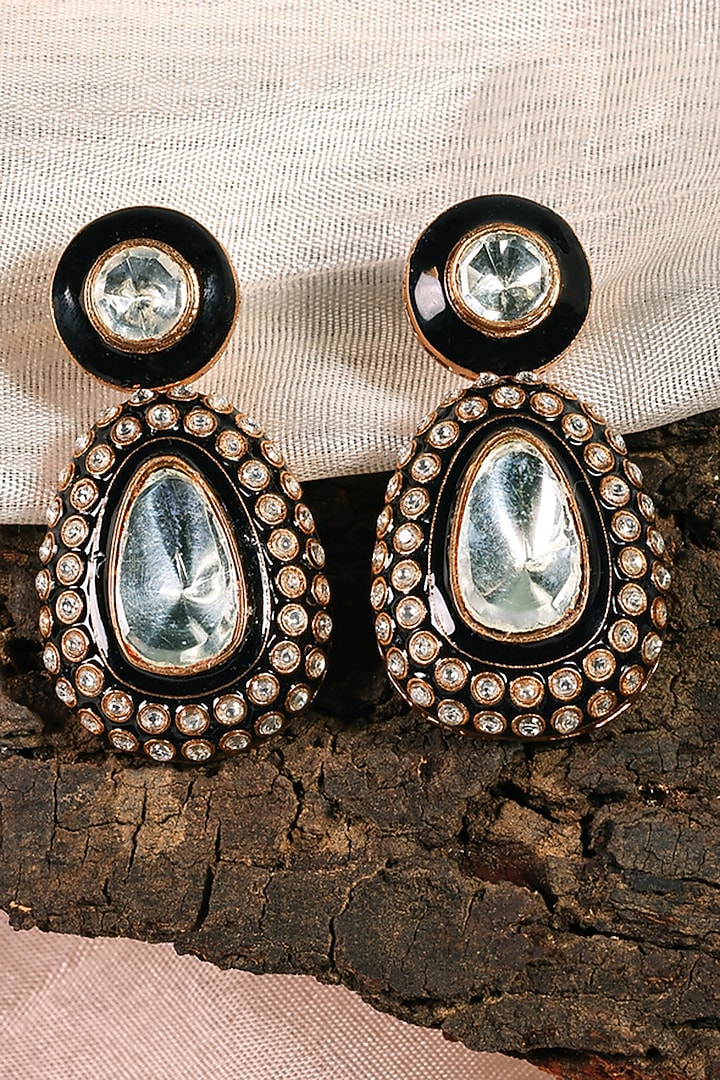 Gold Finish Kundan Polki Black Enameled Dangler Earrings by Prestones at Pernia's Pop Up Shop