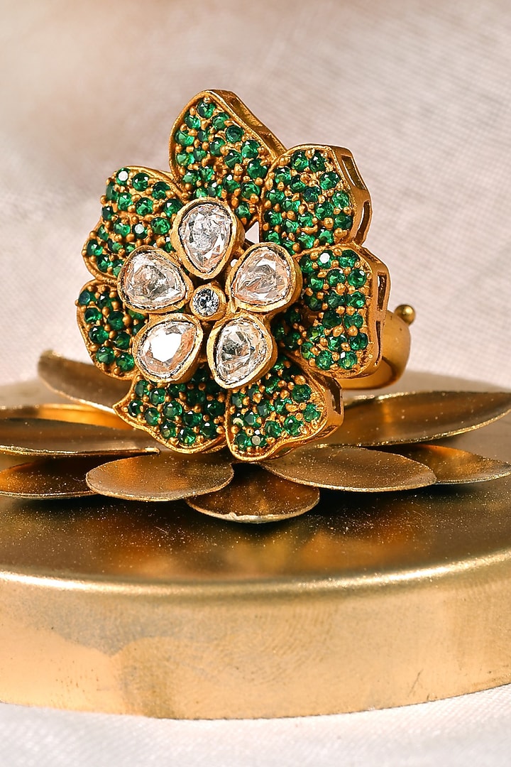 Matte Gold Finish Kundan Polki & Green Beaded Adjustable Ring by Prestones at Pernia's Pop Up Shop