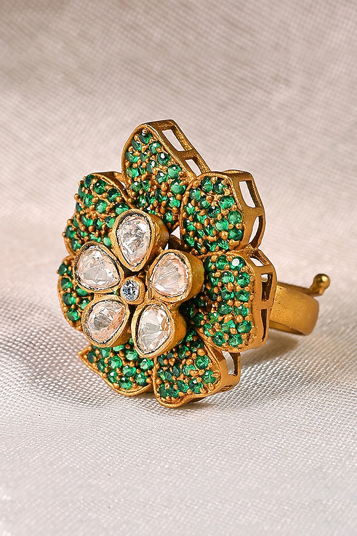 Matte Gold Finish Kundan Polki & Green Beaded Adjustable Ring by Prestones at Pernia's Pop Up Shop