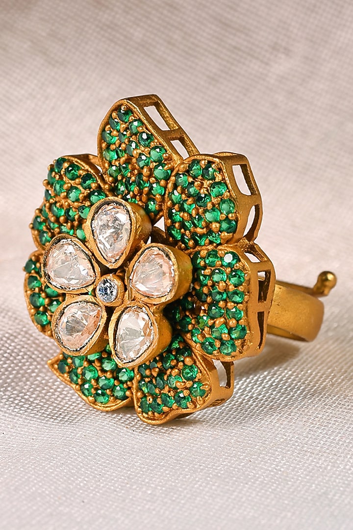 Matte Gold Finish Kundan Polki & Green Beaded Adjustable Ring by Prestones at Pernia's Pop Up Shop