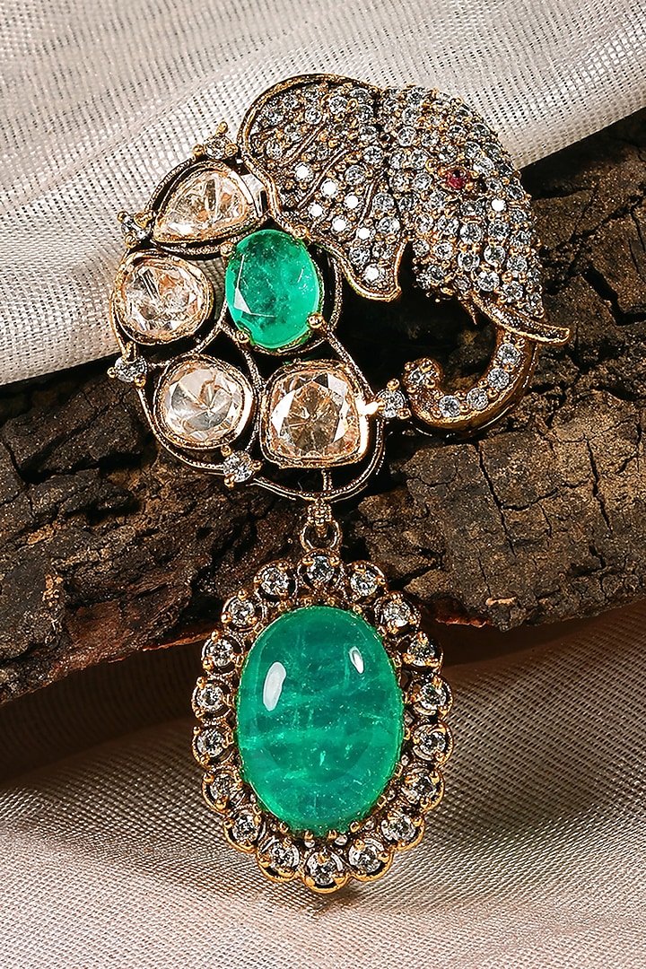 Antique Gold Finish Kundan Polki & Emerald Stone Brooch by Prestones at Pernia's Pop Up Shop