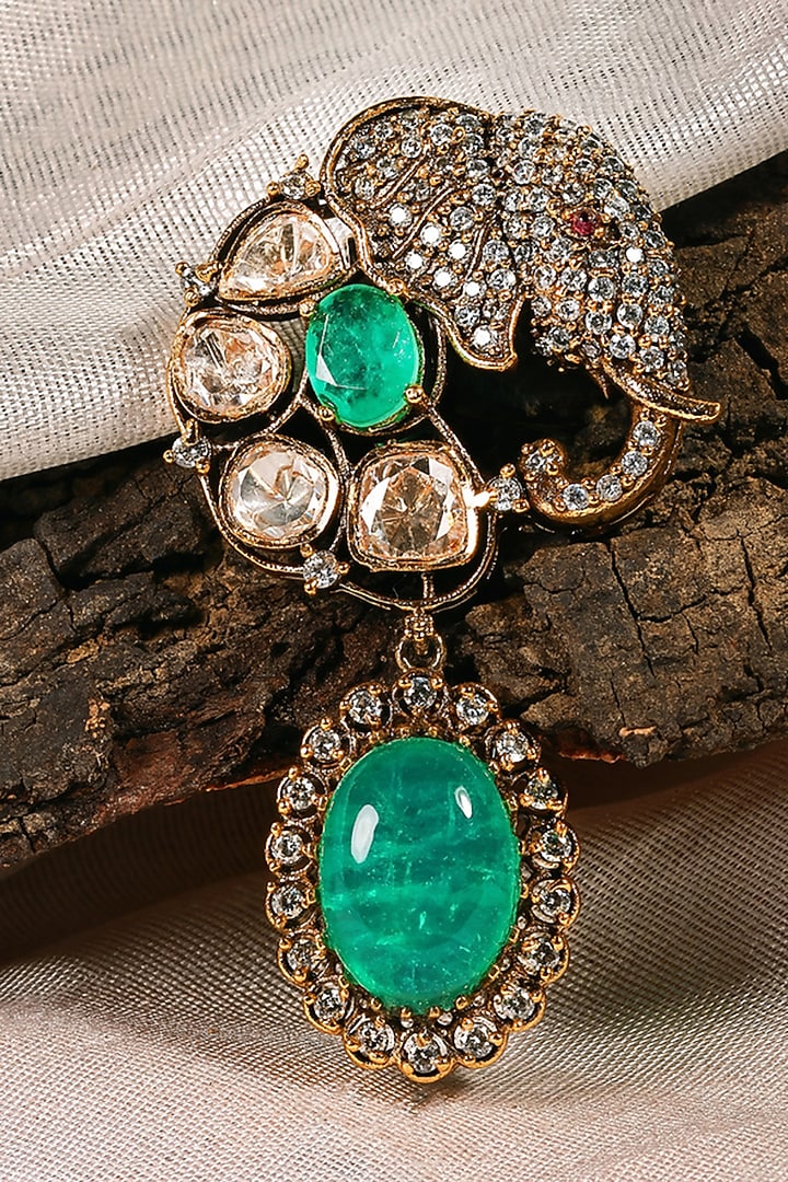 Antique Gold Finish Kundan Polki & Emerald Stone Brooch by Prestones at Pernia's Pop Up Shop