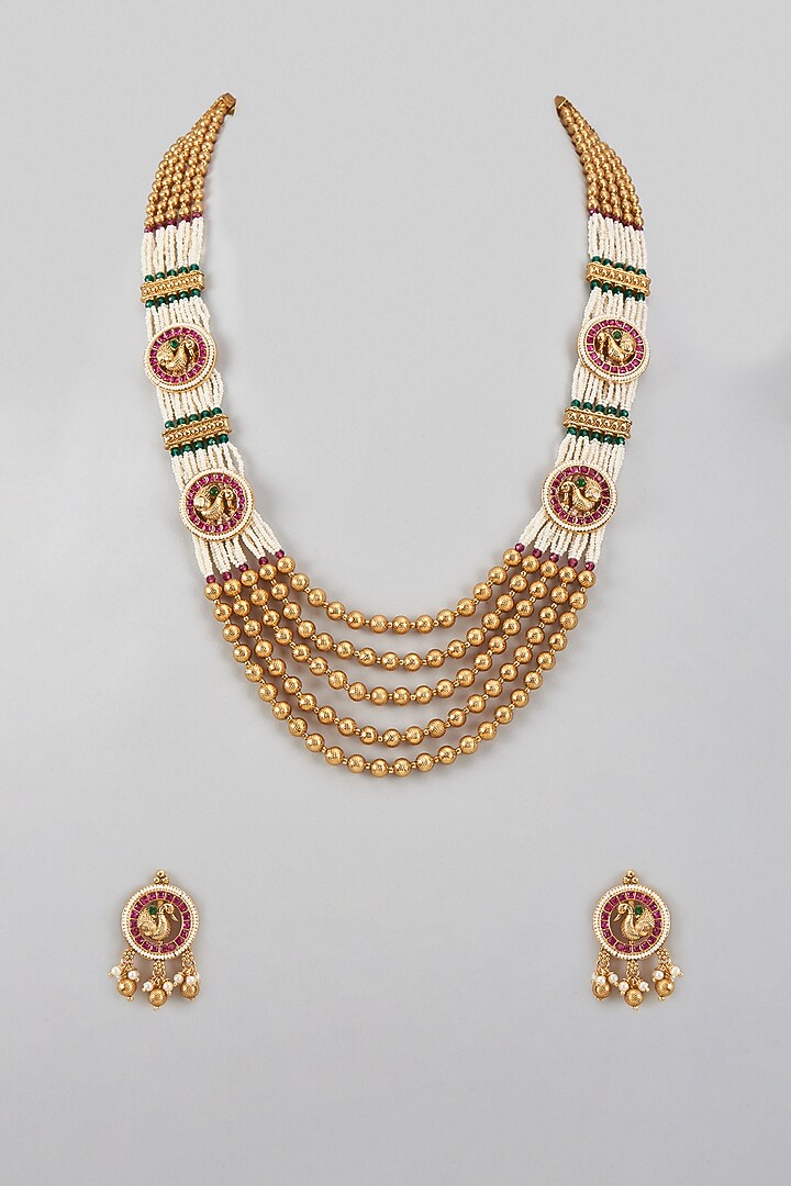 Gold Finish Pearl Temple Long Necklace Set by Prestones at Pernia's Pop Up Shop