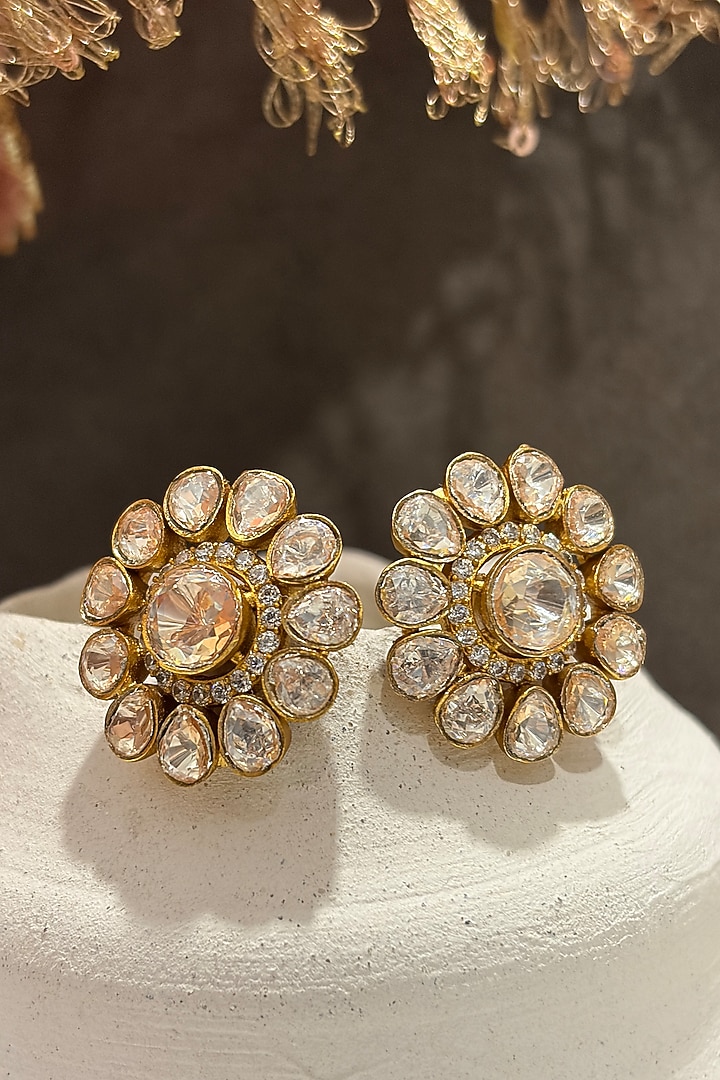 Gold Finish Champagne Stone Stud Earrings by Prestones at Pernia's Pop Up Shop