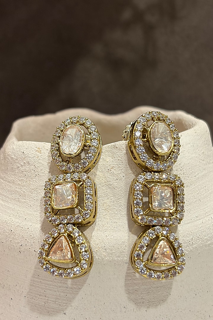 Gold Finish Kundan Polki Dangler Earrings by Prestones at Pernia's Pop Up Shop