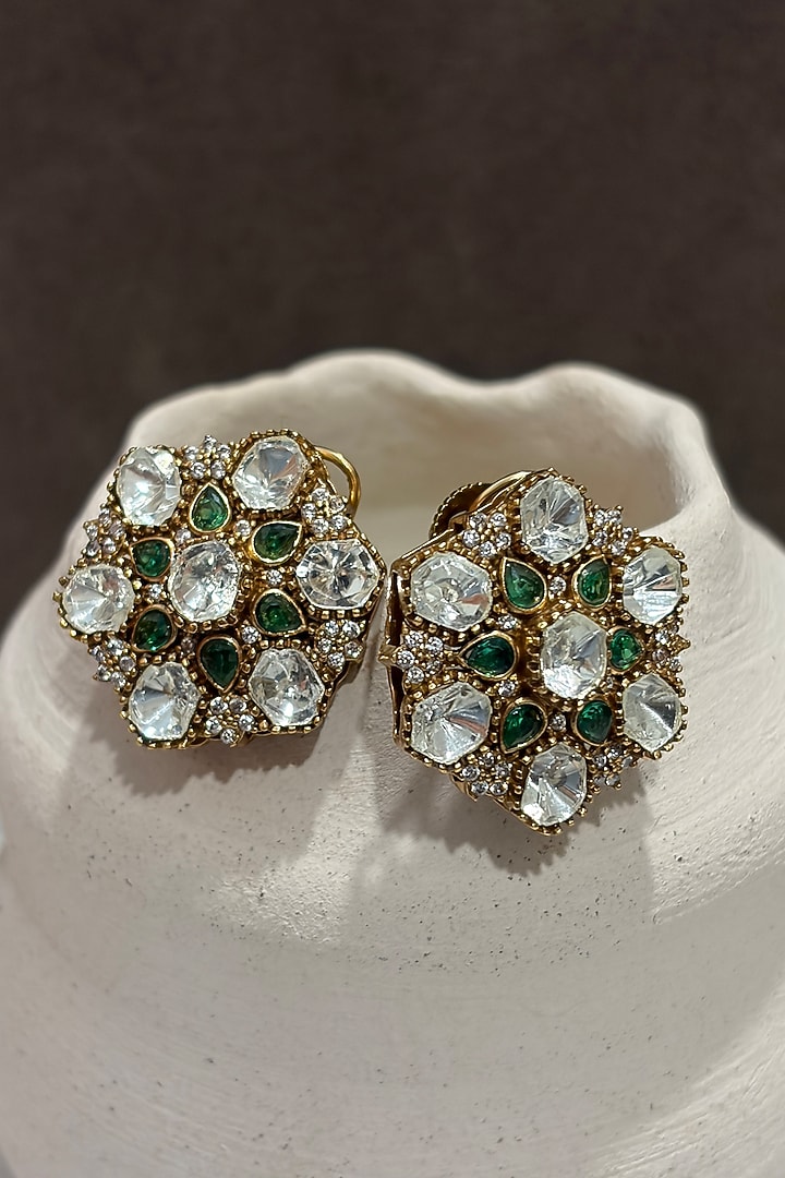 Gold Finish Uncut Kundan Polki & Emerald Stud Earrings by Prestones at Pernia's Pop Up Shop