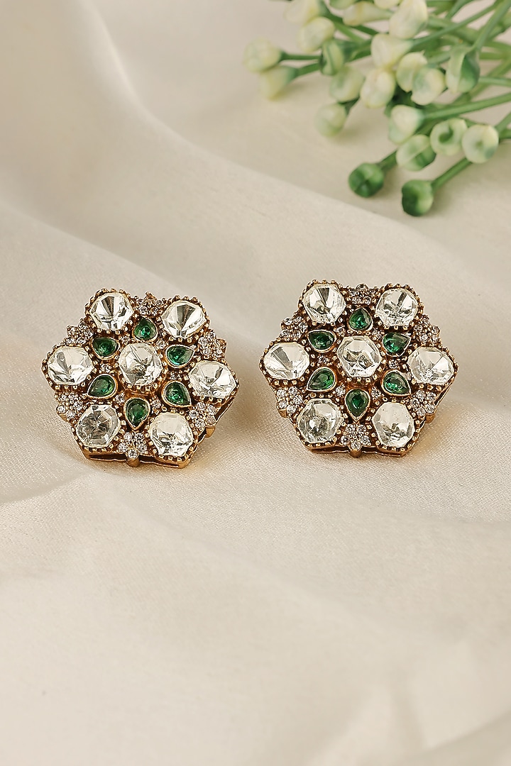 Gold Finish Uncut Kundan Polki & Emerald Stud Earrings by Prestones at Pernia's Pop Up Shop