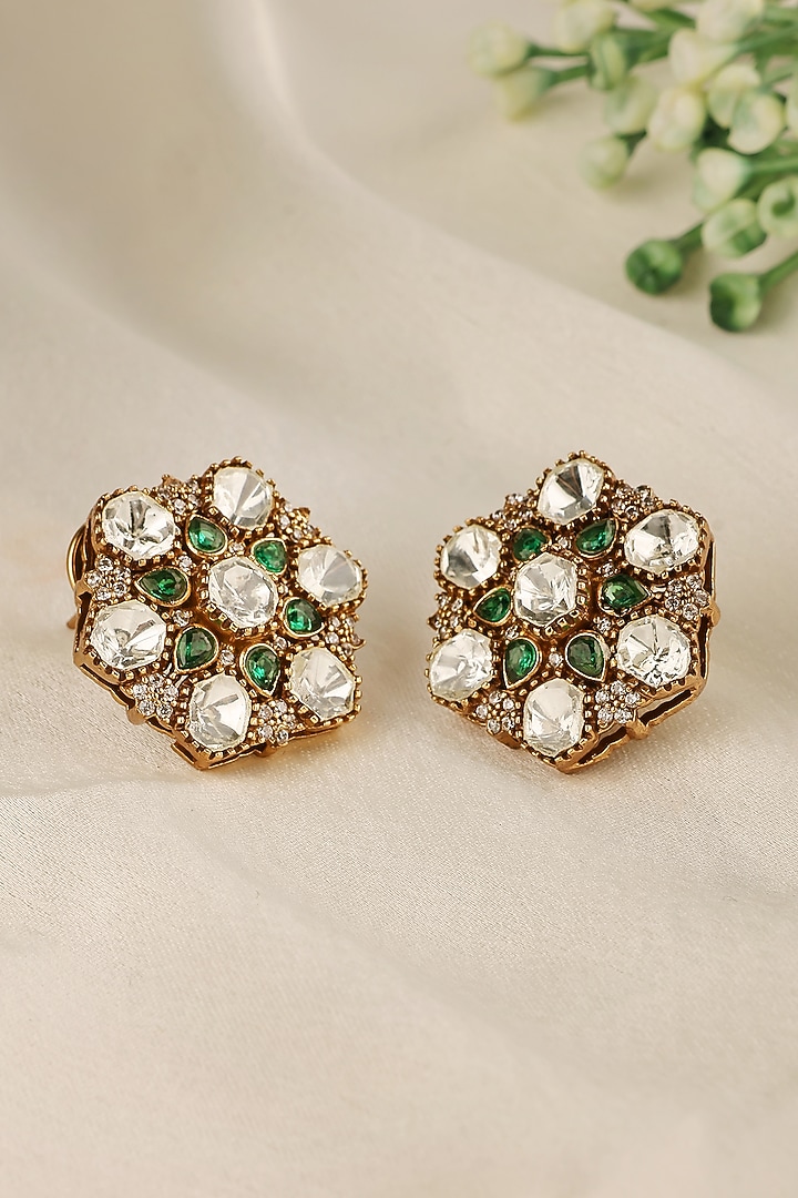 Gold Finish Uncut Kundan Polki & Emerald Stud Earrings by Prestones at Pernia's Pop Up Shop