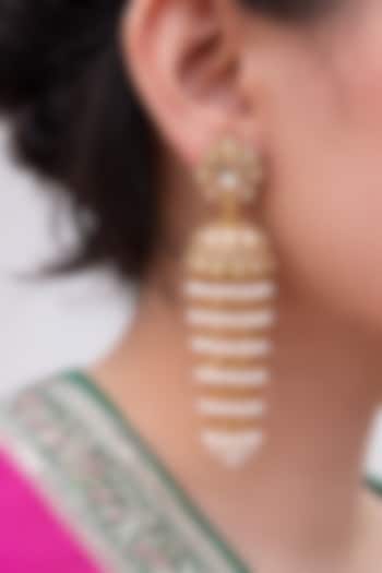 Gold Finish Kundan Polki & Pearl Jhumka Earrings by Prestones at Pernia's Pop Up Shop