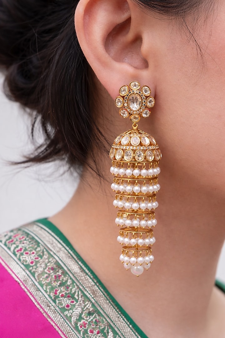 Gold Finish Kundan Polki & Pearl Jhumka Earrings by Prestones at Pernia's Pop Up Shop