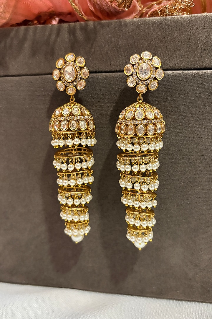 Gold Finish Kundan Polki & Pearl Jhumka Earrings by Prestones at Pernia's Pop Up Shop