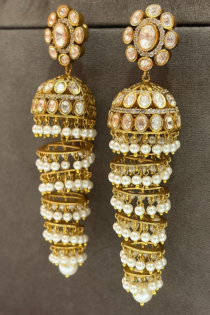 Gold Finish Kundan Polki & Pearl Jhumka Earrings by Prestones at Pernia's Pop Up Shop