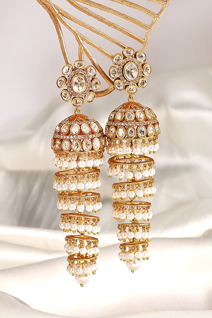 Gold Finish Kundan Polki & Pearl Jhumka Earrings by Prestones at Pernia's Pop Up Shop