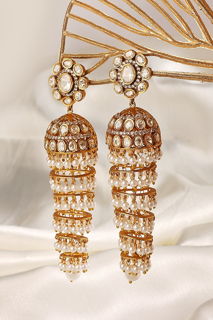 Gold Finish Kundan Polki & Pearl Jhumka Earrings by Prestones at Pernia's Pop Up Shop