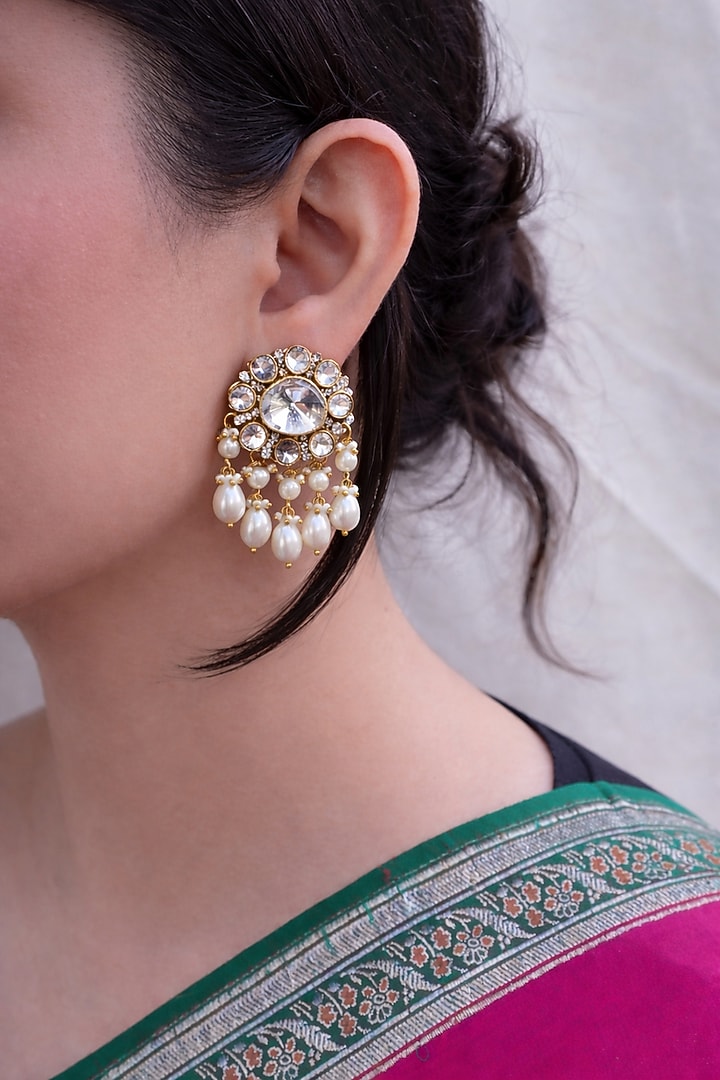 Gold Finish Kundan Polki & Pearl Dangler Earrings by Prestones at Pernia's Pop Up Shop