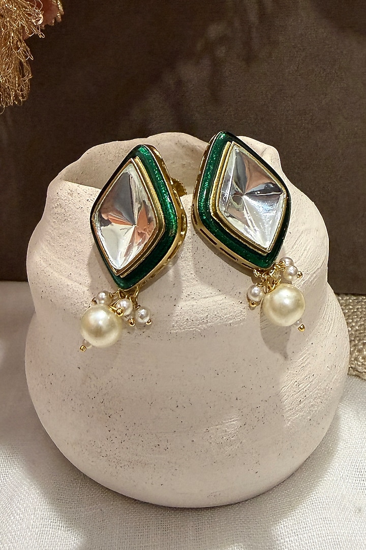 Gold Finish Uncut Kundan Polki & Pearl Stud Earrings by Prestones at Pernia's Pop Up Shop