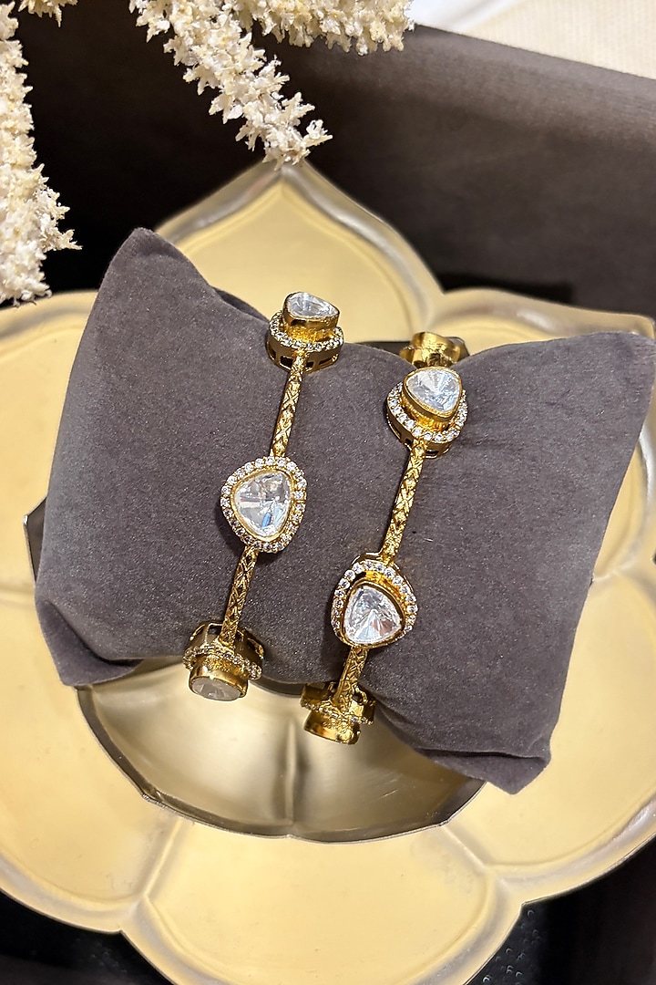 Gold Finish Kundan Polki Bangles (Set Of 2) by Prestones at Pernia's Pop Up Shop
