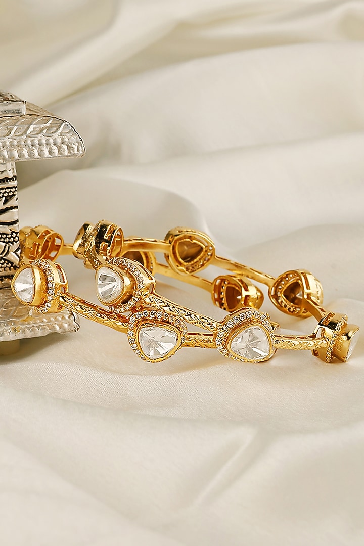 Gold Finish Kundan Polki Bangles (Set Of 2) by Prestones at Pernia's Pop Up Shop