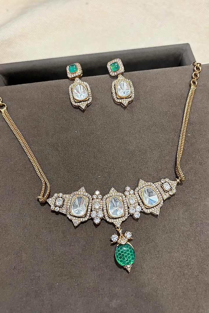 Gold Finish Kundan Polki & Emerald Choker Necklace Set by Prestones at Pernia's Pop Up Shop
