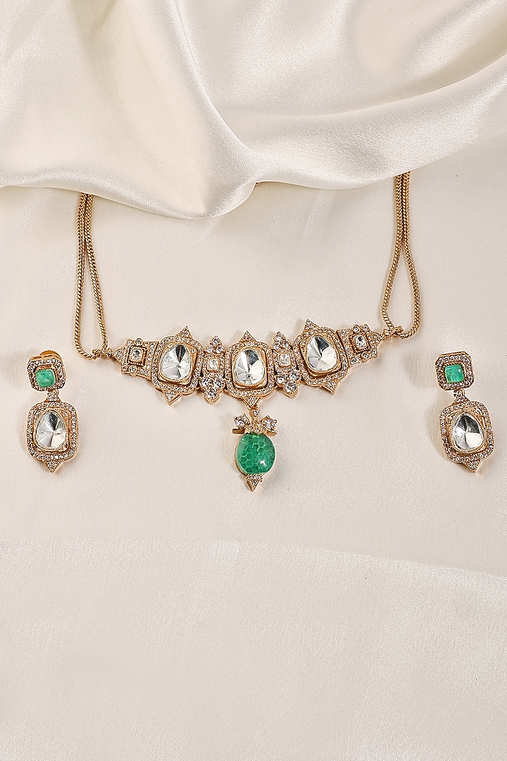 Gold Finish Kundan Polki & Emerald Choker Necklace Set by Prestones at Pernia's Pop Up Shop
