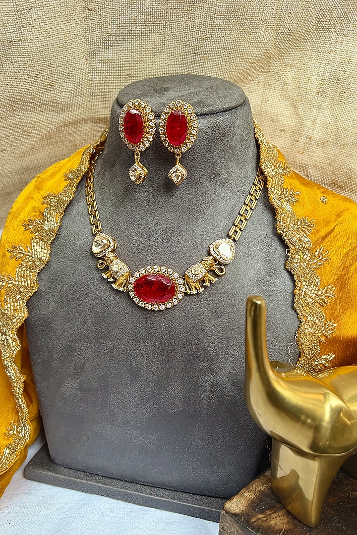 Gold Finish Kundan Polki & Ruby Choker Necklace Set by Prestones at Pernia's Pop Up Shop