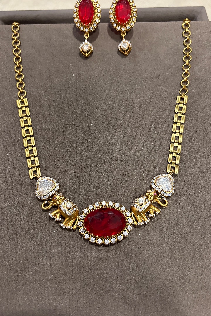 Gold Finish Kundan Polki & Ruby Choker Necklace Set by Prestones at Pernia's Pop Up Shop