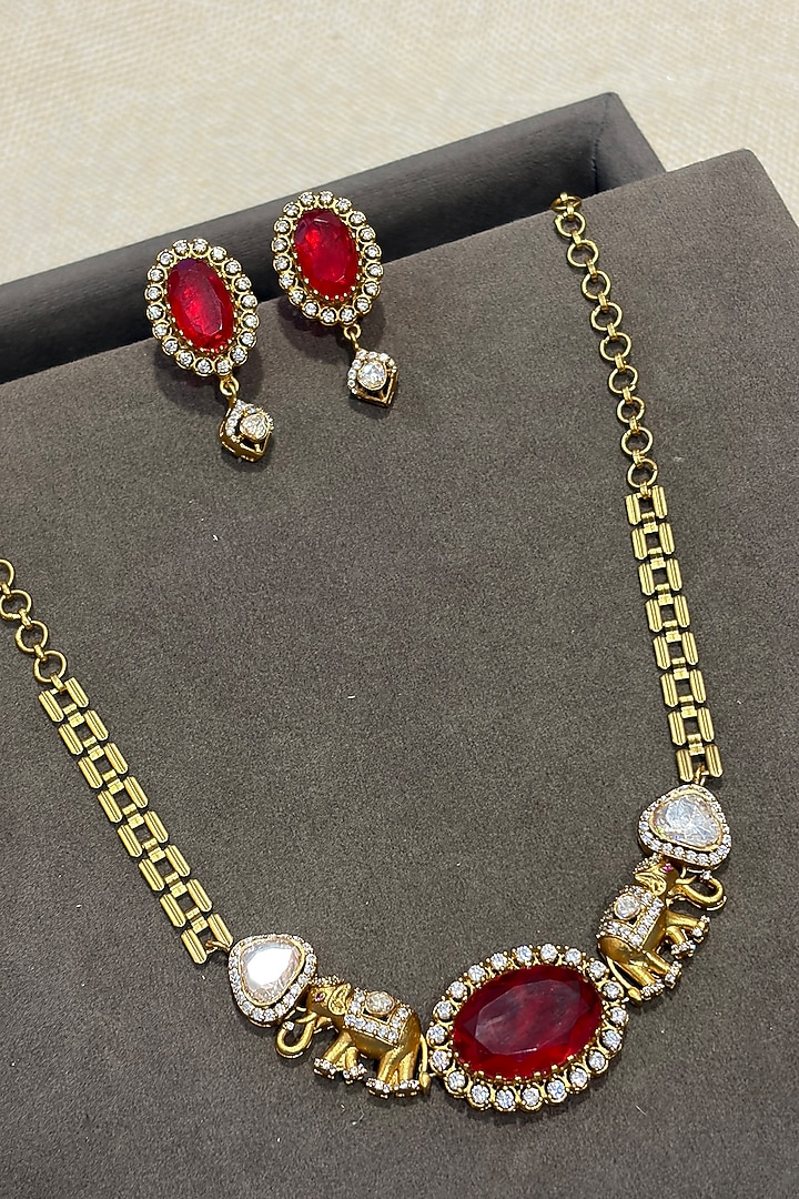 Gold Finish Kundan Polki & Ruby Choker Necklace Set by Prestones at Pernia's Pop Up Shop