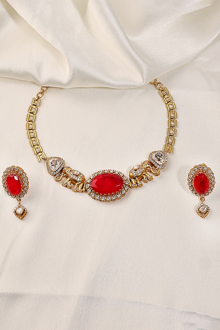 Gold Finish Kundan Polki & Ruby Choker Necklace Set by Prestones at Pernia's Pop Up Shop