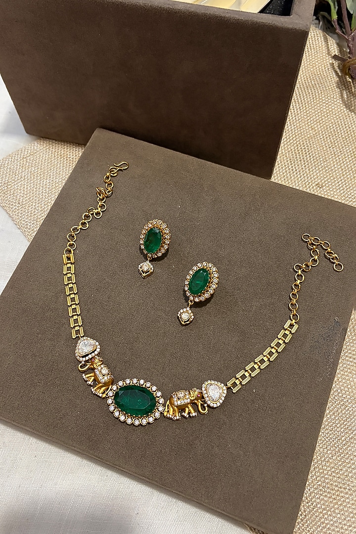 Gold Finish Kundan Polki & Emerald Choker Necklace Set by Prestones at Pernia's Pop Up Shop
