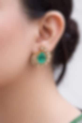 Gold Finish Green Stone & Kundan Polki Stud Earrings by Prestones at Pernia's Pop Up Shop